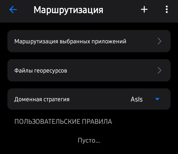 Экран «Маршрутизация»: доменная стратегия, файлы георесурсов и раздел «Пользовательские правила». Новое правило: кнопкой «+».